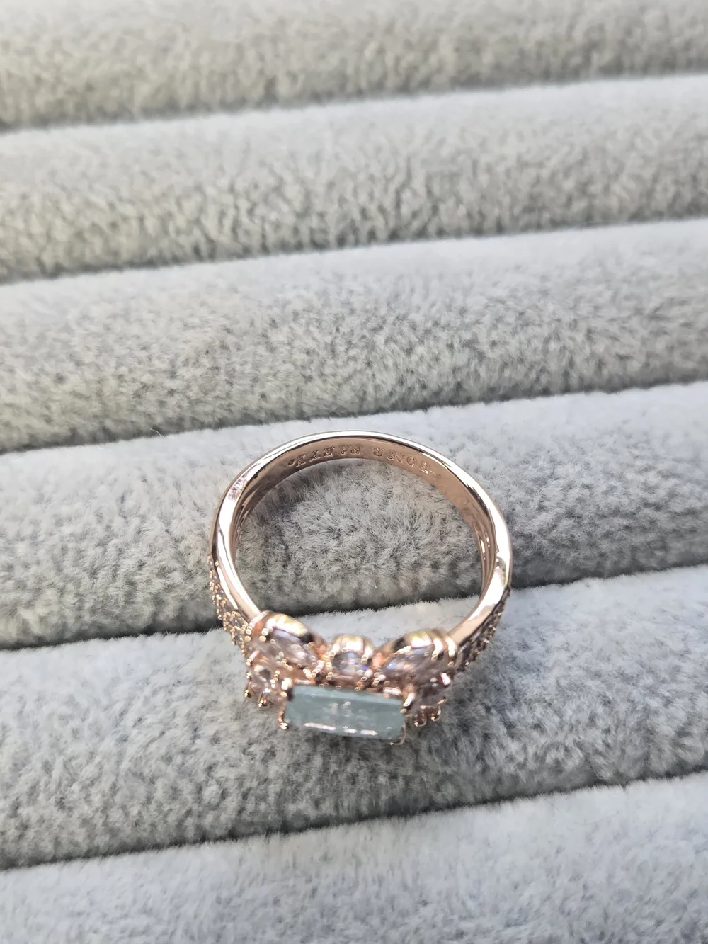 Size 8 Bomb Party Blue Sapphire Ice Crystal Rose Gold Plated